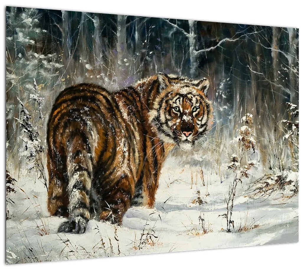 Obraz - Tiger v zasneženom lese, olejomaľba (70x50 cm)