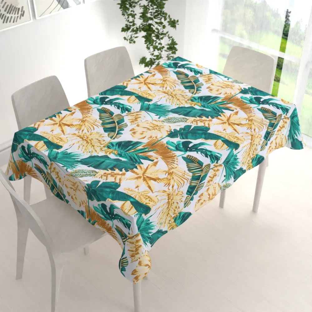 Biante Bavlnený obdĺžnikový obrus Sandra SA-245 Zelené a zlaté tropické listy 80x120 cm
