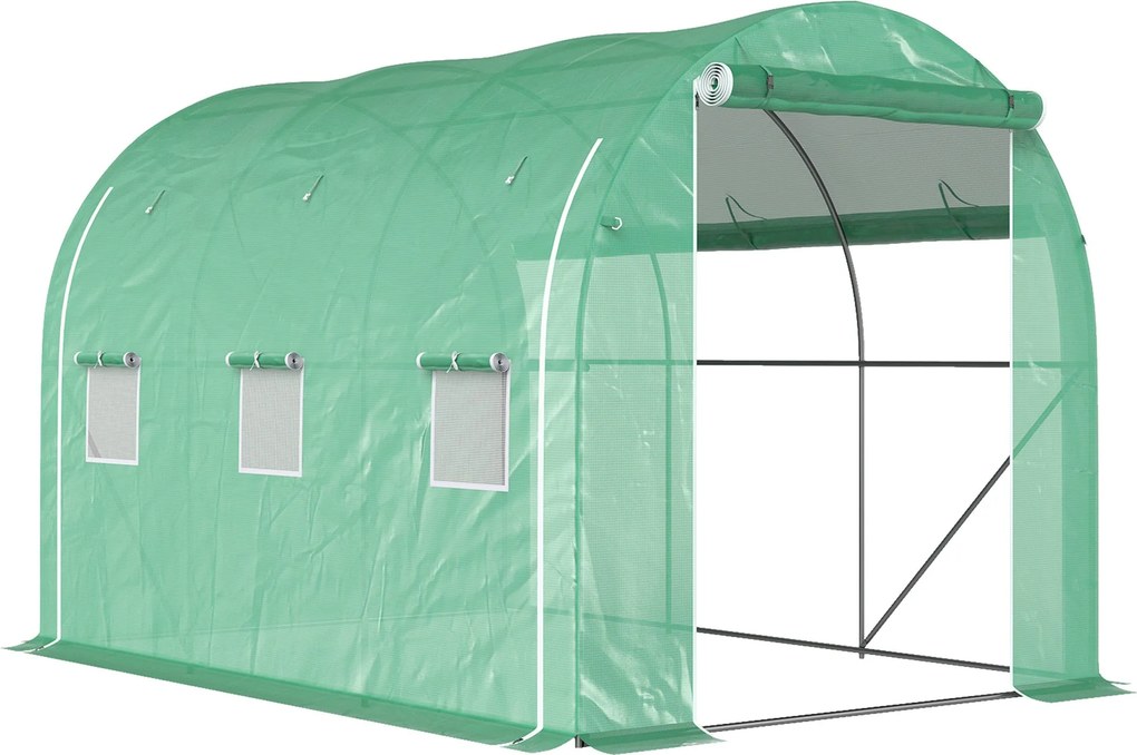 Outsunny Záhradný Skleník 6m² 3 x 2m s 1 dverami + 2 rolovacími bočnými panelmi so zipsom, 6 oknami, pozinkovaná oceľ, vysoká hustota 140 g/m², proti