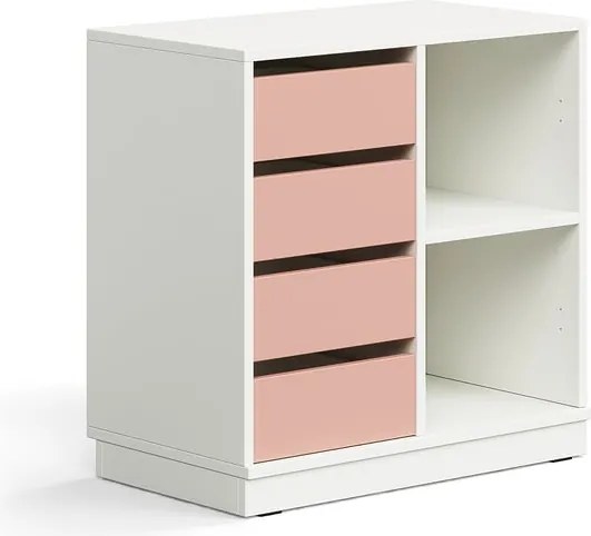 Úložná skrinka CASPER, 4 zásuvky, 2 priehradky, so soklom, biela/tmavoružová