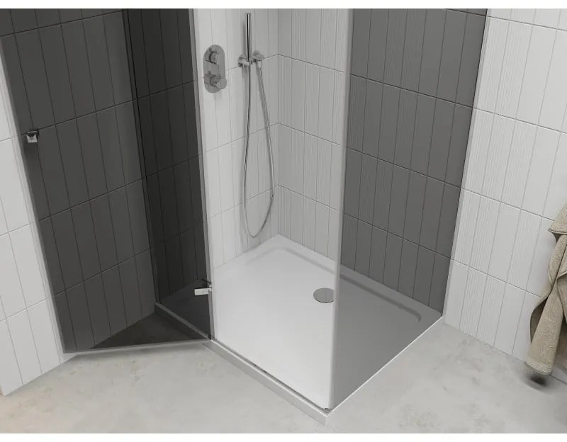 Mexen Roma, sprchový kút s krídlovými dverami 70 (dvere) x 90 (stena) cm, 6mm šedé sklo, chrómový profil + slim sprchová vanička biela + chrómový sifón, 854-070-090-01-40-4010
