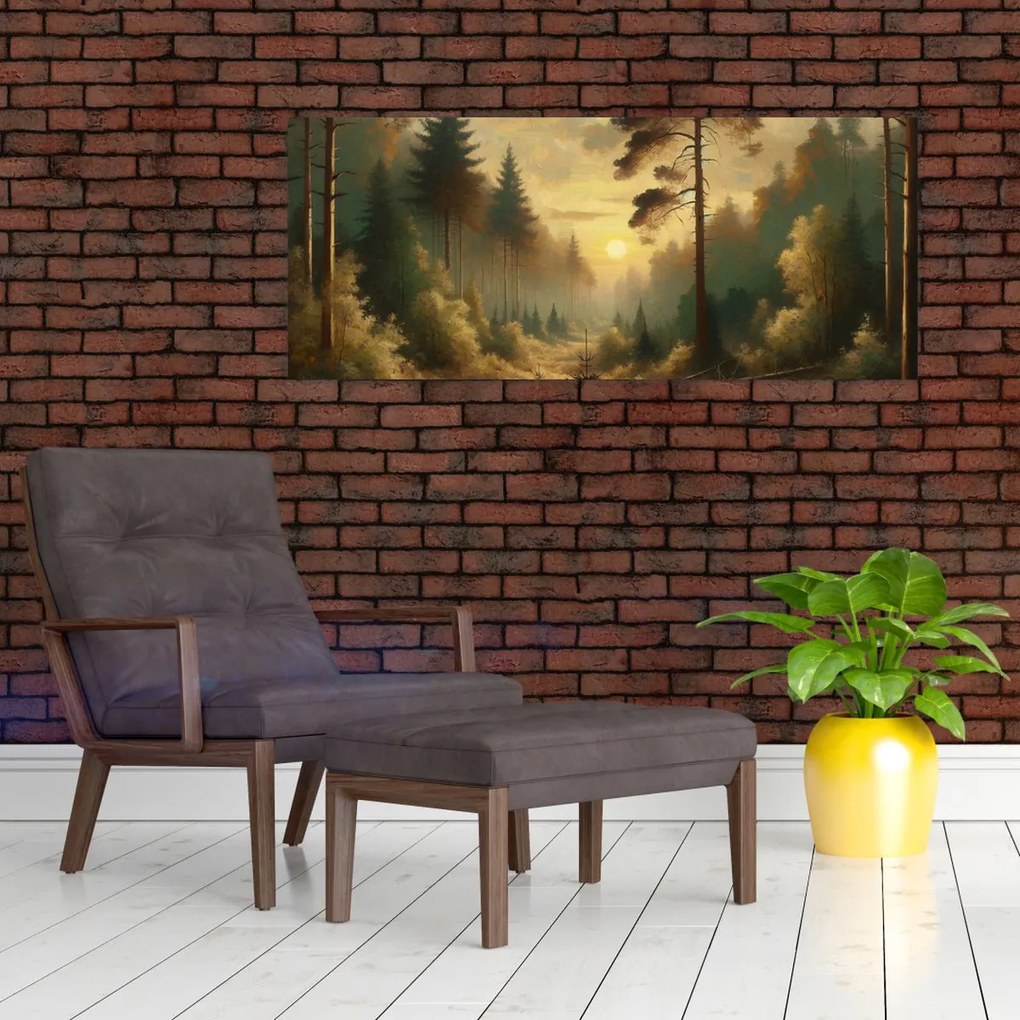 Obraz - Slnko žiariace lesom (120x50 cm)