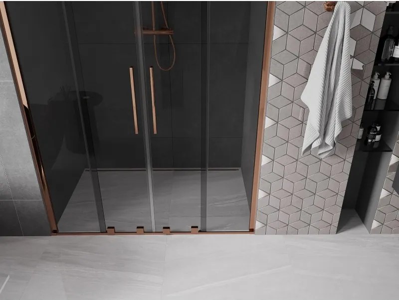 Mexen Velar Duo, posuvné sprchové dvere do otvoru 140 cm, 8mm šedé sklo, ružové zlato, 871-140-000-42-60