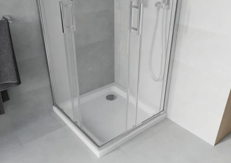 Mexen Rio, štvorcový sprchovací kút s posuvnými dverami 70(dvere) x 70(dvere) x 190 cm, 6mm sklo námraza, chrómový profil + biela sprchová vanička SLIM, 860-070-070-01-30-4010
