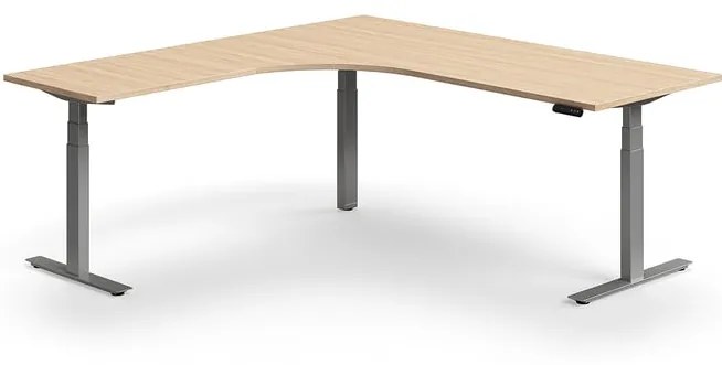 Výškovo nastaviteľný stôl QBUS, rohový, 2000x2000 mm, strieborný rám, dub