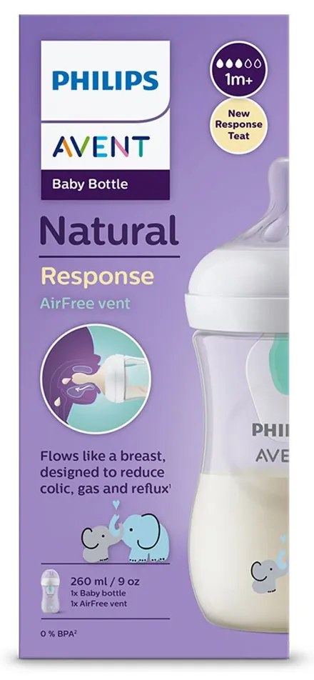 Dojčenská fľaša Avent Natural Response 260 ml s ventilom Air Free slon