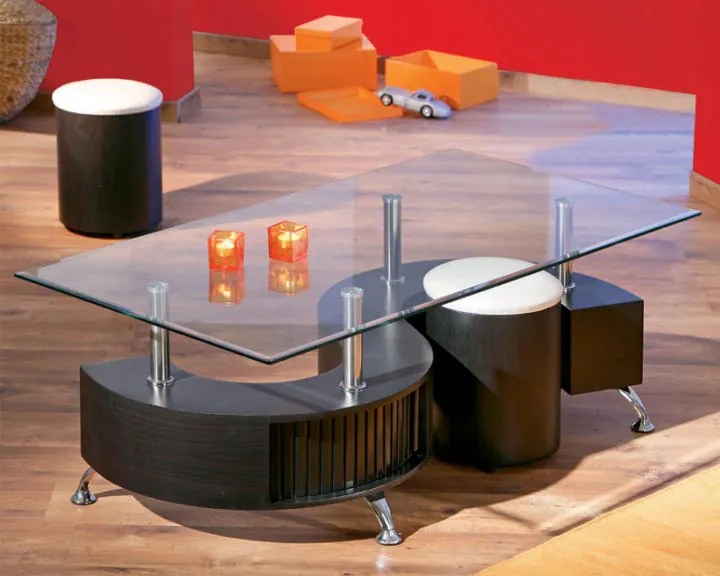 Konferenční stolek, 2 taburetky, ekokůže bílá/ořech, OTELO 02021971 Tempo Kondela