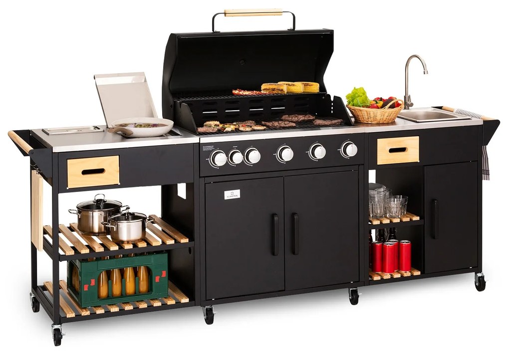 Jersey vonkajšia kuchyňa s plynovým grilom a drezom, 20,7 kW, 5+1 horákov, mobilná