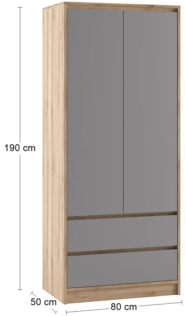 Šatníková skriňa so zásuvkami Boran 2D - dub artisan / sivá