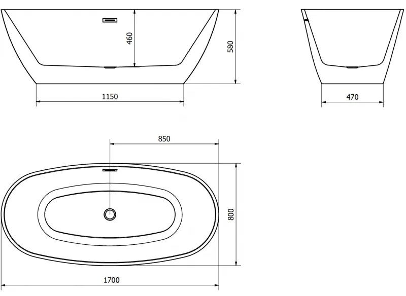 Mexen Eris, voľne stojaca vaňa 170 x 80 cm, biela, brúsená oceľ prepad, 53441708000-97