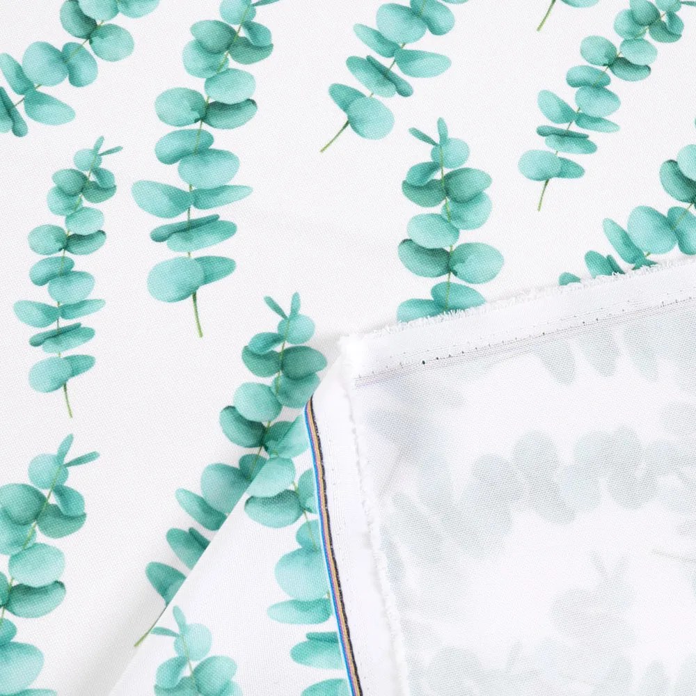 Biante Dekoračný záves TF-089 Tyrkysové listy eukalyptu na bielom 140x160 cm