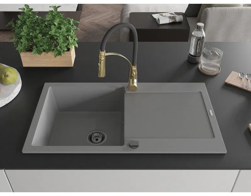Mexen Leo, granitový drez 900x500x190 mm, 1-komorový a drezová batéria Aster, šedá, 6501-71-73450-57-B