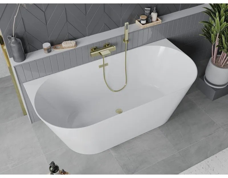 Mexen Oval Slim, voľne stojaca vaňa ku stene 170 x 80 cm, biela lesklá, zlatý matný prepad, 52661708000-55