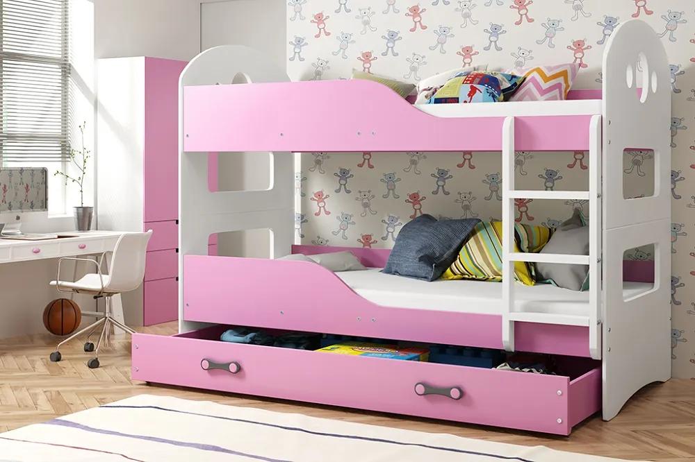 Poschodová posteľ DOMINIK - 200x90cm Biely - Ružový
