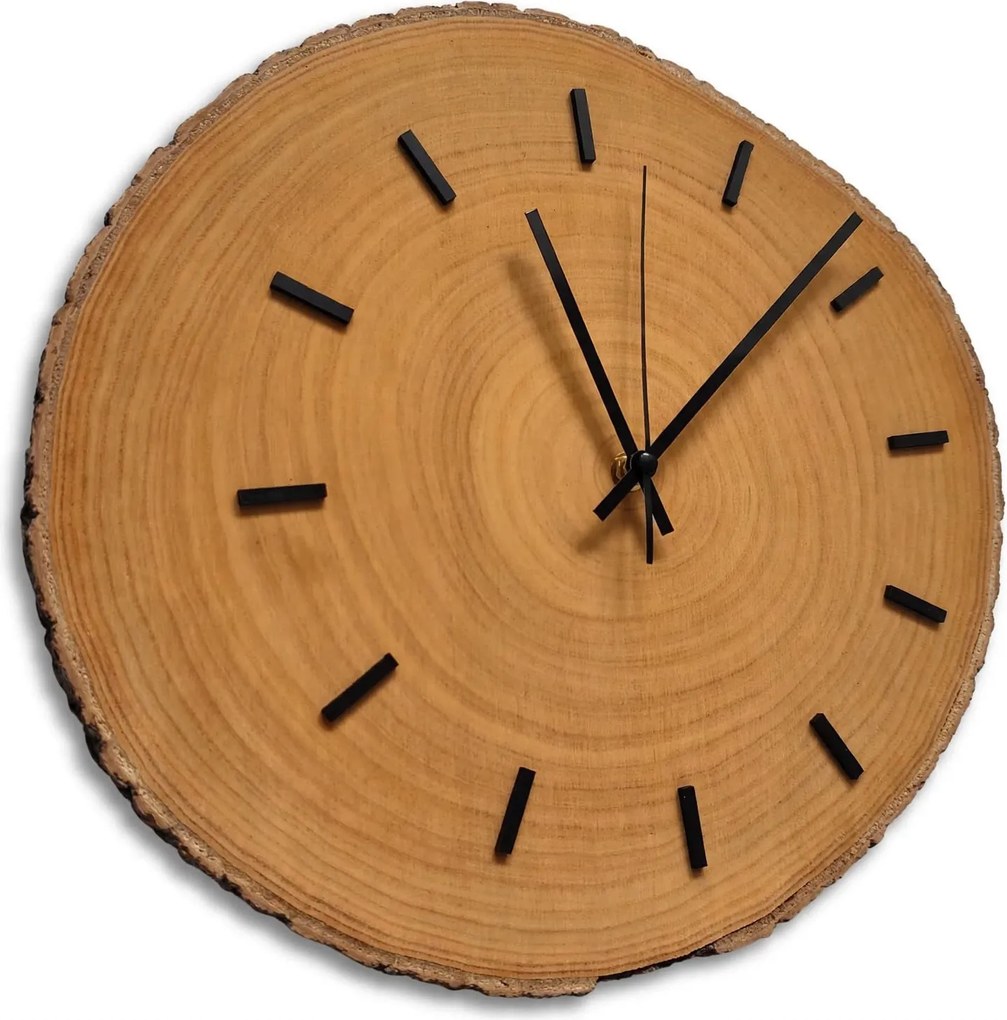 Drevené nástenné hodiny z plátu dreva s kôrou a letokruhmi | KORRO: Amber - 3072 26-29 cm 4814-115583 KOR007-29-AMBER