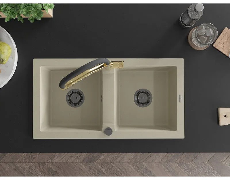 Mexen Mario, granitový drez 820x436x161 mm, 2-komorový a drezová batéria Duo, béžová, 6504-69-671701-57-B