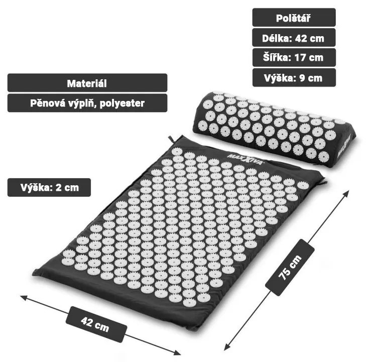 MAXXIVA 81550 Akupresúrna podložka s vankúšom, 75x42 cm, čierna