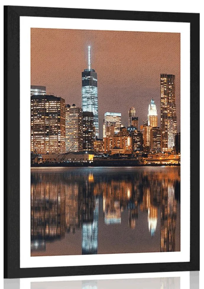 Plagát s paspartou odraz Manhattanu vo vode - 20x30 black