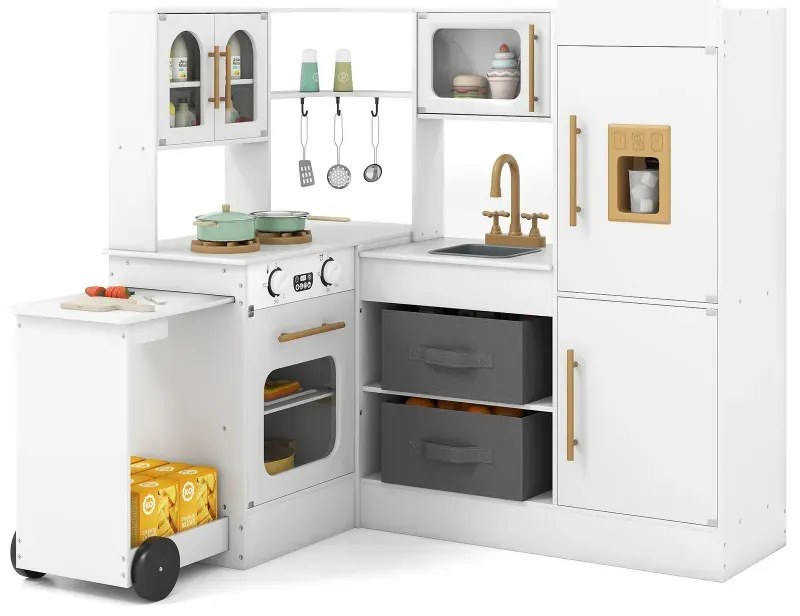 Rohová kuchyňa so svetlom a zvukom Drevená hracia zostava s výsuvnou pracovnou doskou Drez Sporák Rúra Chladnička Biela