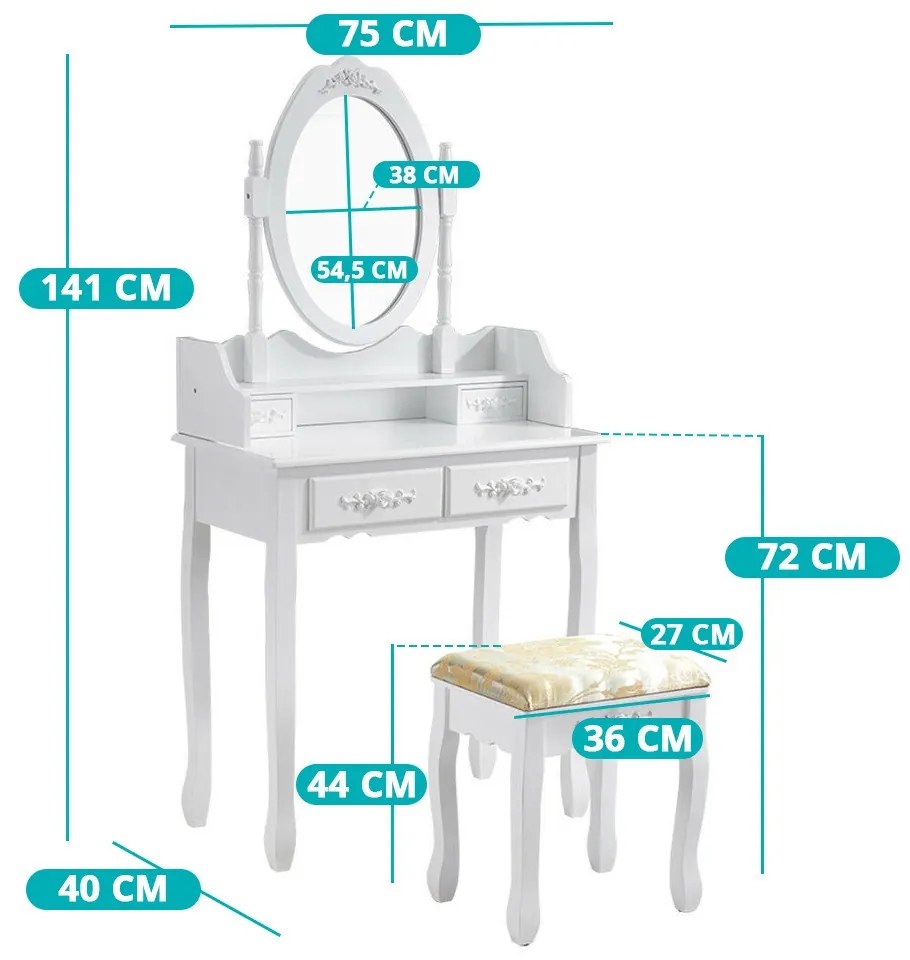 Toaletný stolík s taburetkou- Rome, biely