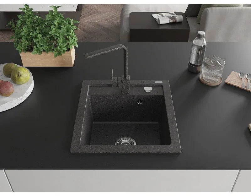 Mexen Vito, 1-komorový granitový drez 520x490x210 mm, čierna škvrnitá batéria Rita, čierna škvrnitá, 6503-76-670300-76