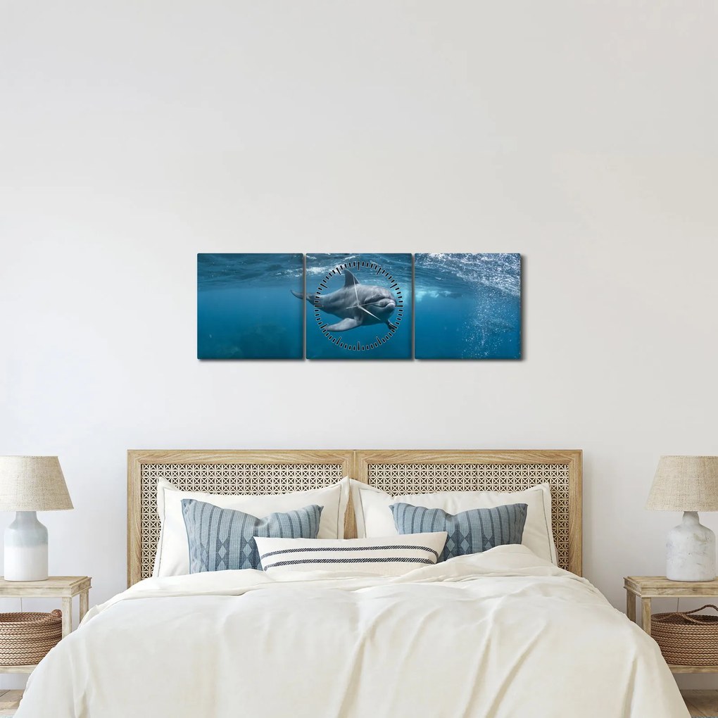 Obraz - Delfín pod hladinou (s hodinami) (90x30 cm)