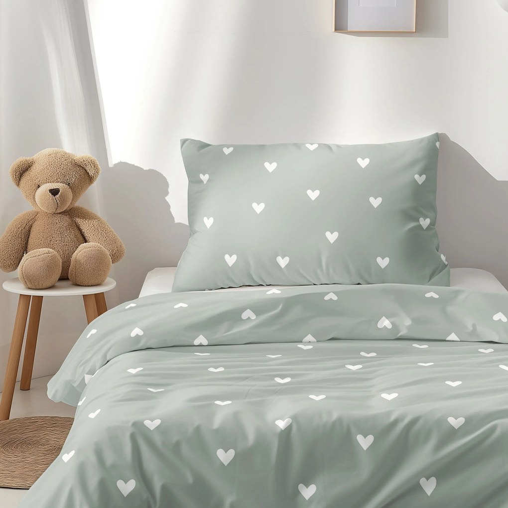 Goldea detské bavlnené obliečky - srdiečka na šalviovo zelenom 150 x 200 a 50 x 60 cm