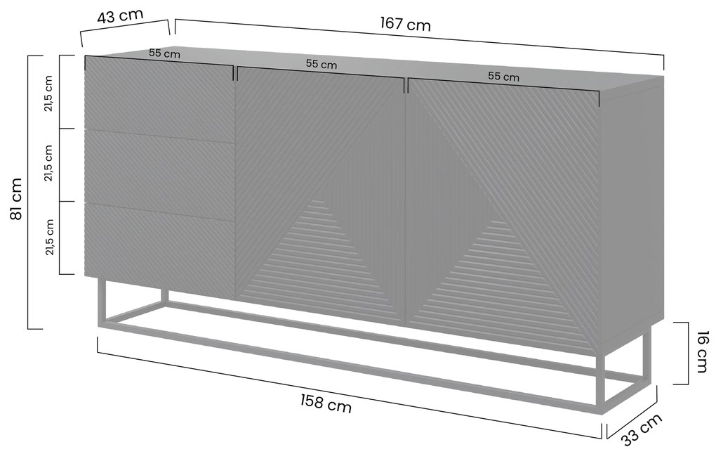 Komoda Asha 167 cm na čiernom podstavci - biely lesk