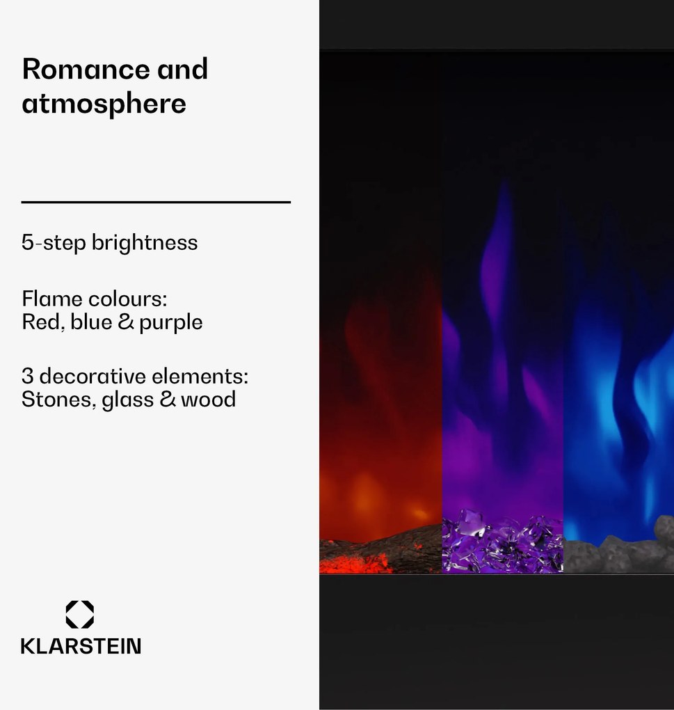 Klarstein Galeras 178, elektrický nástenný krb, 1800 W, LED