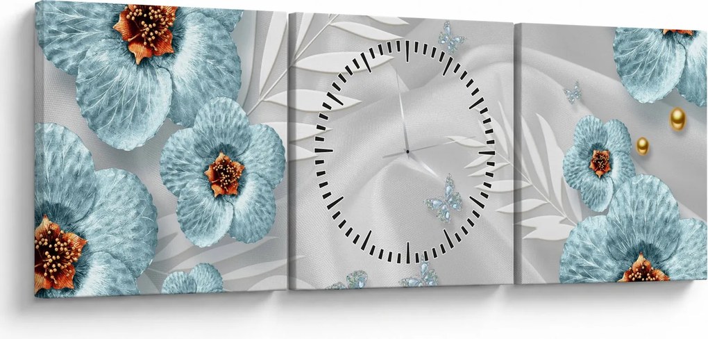 Obraz - 3D modré kvety (s hodinami) (90x30 cm)