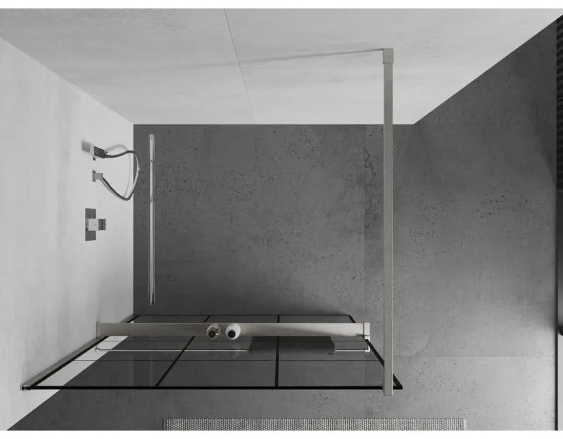 Mexen Kioto+, sprchová zástena Walk-In s poličkou a vešiakom 120 x 200 cm, 8mm číre sklo čierny vzor, brúsená oceľ profil, 800-120-121-97-77