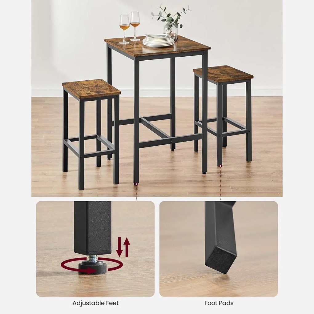 Súprava barového stola a stoličiek, malý kuchynský stôl s 2 stoličkami, rustikálny hnedý