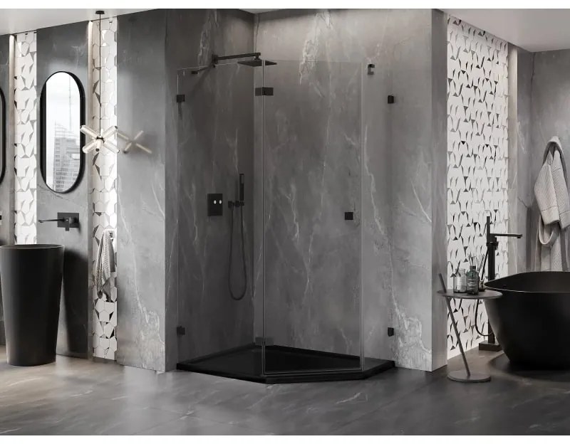 Mexen Lunar, Päťuholníkový sprchový kút Mexen Lunar s výklopným ľavým oknom 100 x 90 cm, 8mm číre sklo, čierny profil, 831-100L-090P-70-00-L