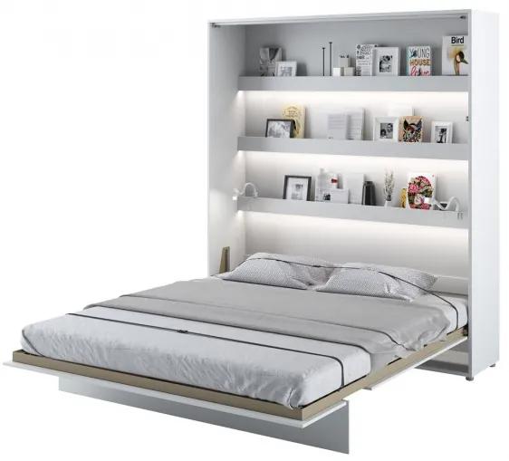 Vertikálna sklápacia posteľ s LED lampičkami, osvetlením vonkajšej strany a políc 180x200 CELENA - biela / lesklá biela