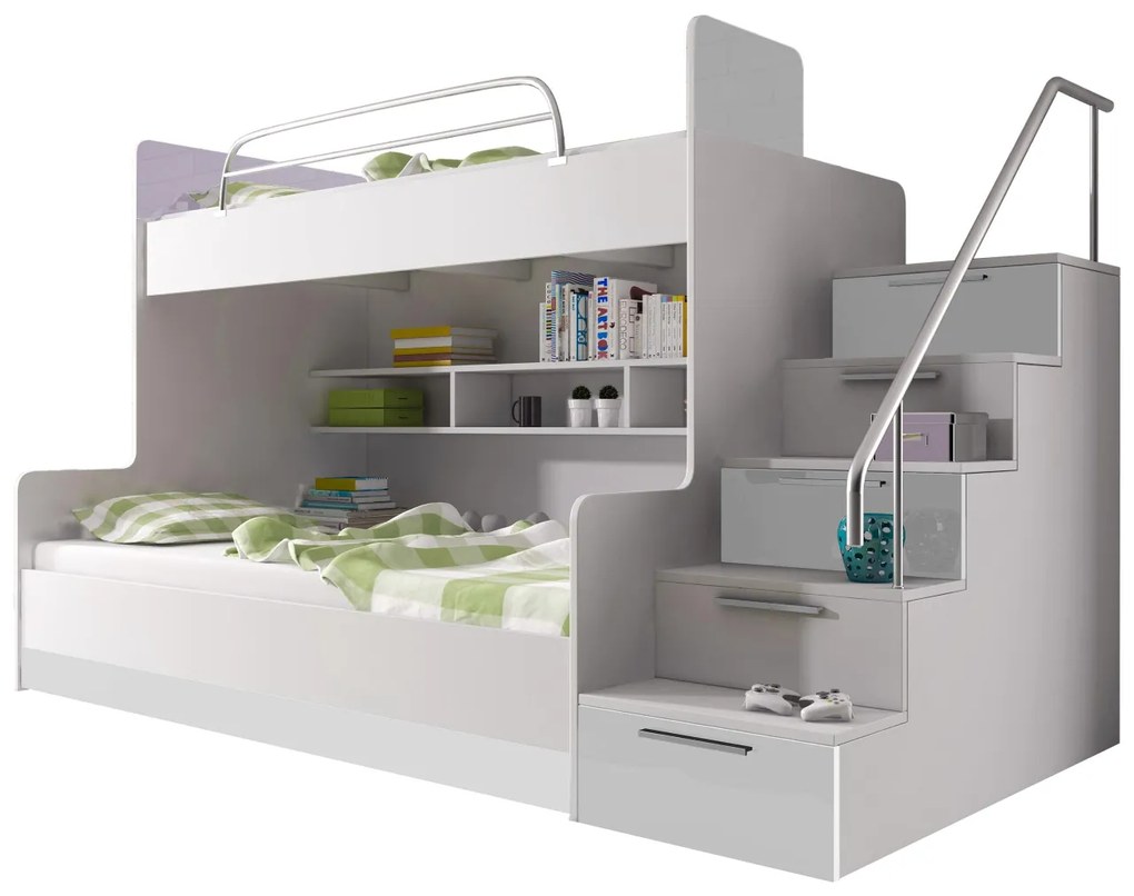 Poschodová posteľ Paradise II, Farby: biela / biely lesk + ružový lesk, Strana: ľavá