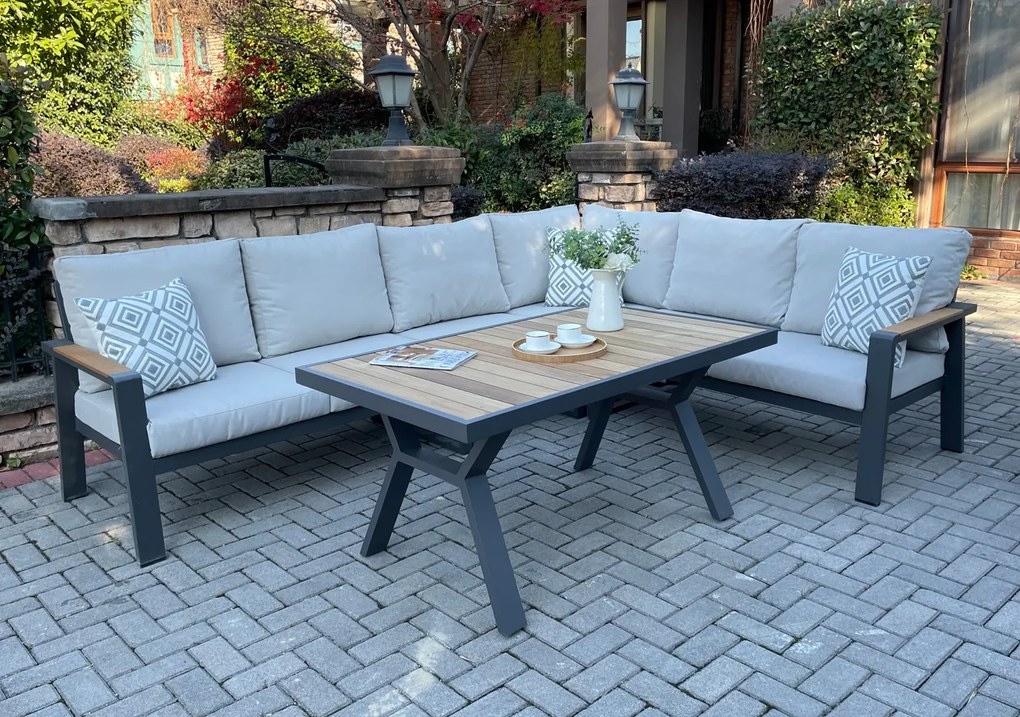 Rohová jedálenská súprava EMOT WPC antracit so svetlými poduškami