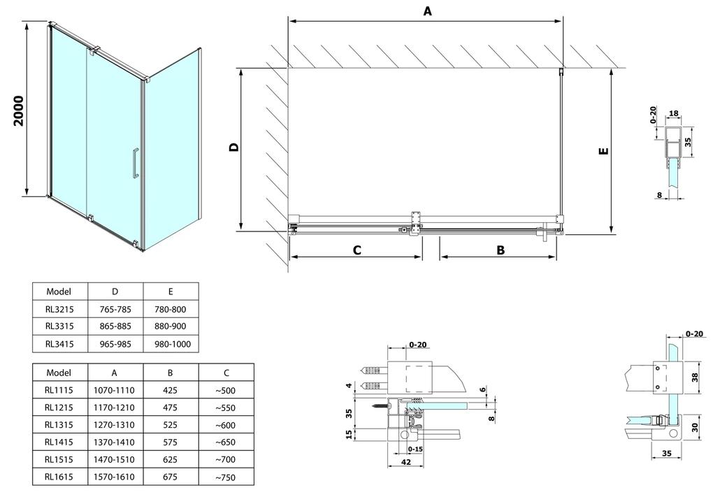 Polysan Sapho, ROLLS LINE obdĺžniková sprchová zástena 1200x1000 mm, L/P varianta, číre sklo