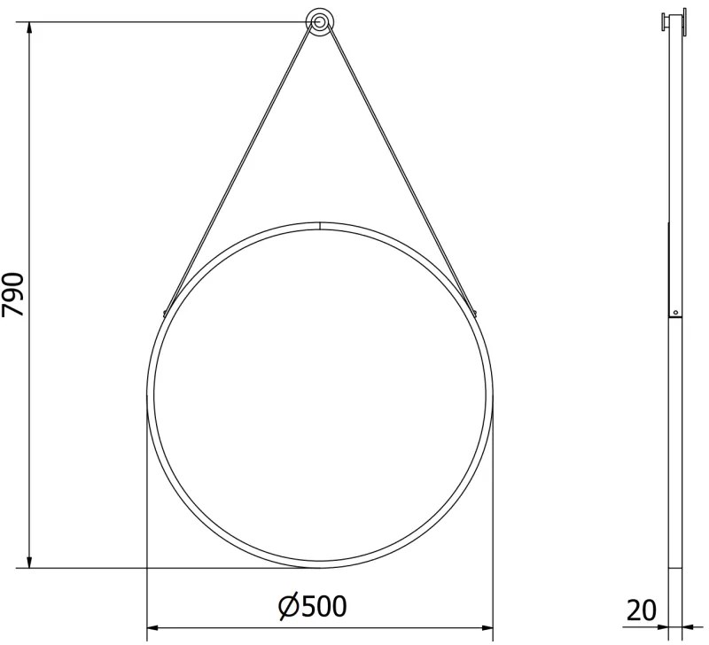 Mexen String, okrúhle kúpeľňové zrkadlo na pásiku 50 cm, farba rámu čierna matná, 9854-050-050-000-70