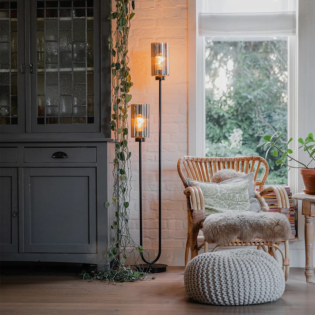 Art Deco stojaca lampa čierna s dymovým sklom 2-svetlo - Laura