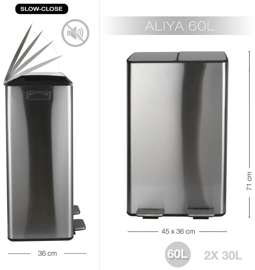 Oceľový odpadkový kôš 2x30 l na triedený odpad/nášľapný v matne striebornej farbe Aliya – Spirella