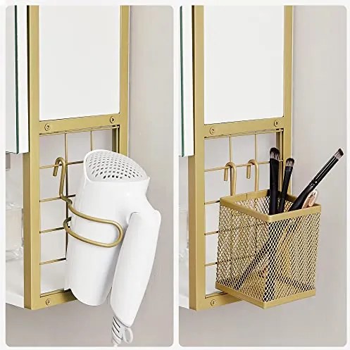 Zrkadlová skrinka do kúpeľne Nástenná skrinka s LED svetlom, biela a zlatá farba