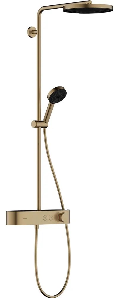 HANSGROHE Pulsify S Showerpipe EcoSmart nástenný sprchový systém s termostatom ShowerTablet Select 400, horná sprcha 1jet priemer 260 mm, ručná sprcha 3jet, kartáčovaný bronz, 24221140