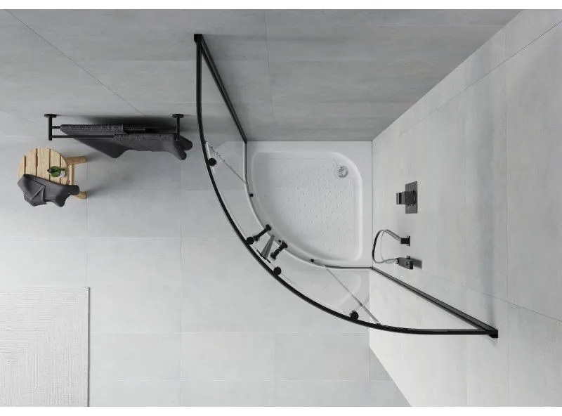 Mexen Rio, štvrťkruhový sprchovací kút s posuvnými dverami 90 x 90 cm, 6mm číre sklo, čierny profil + biela vysoká sprchová vanička Rio, 863-090-090-70-00-4710