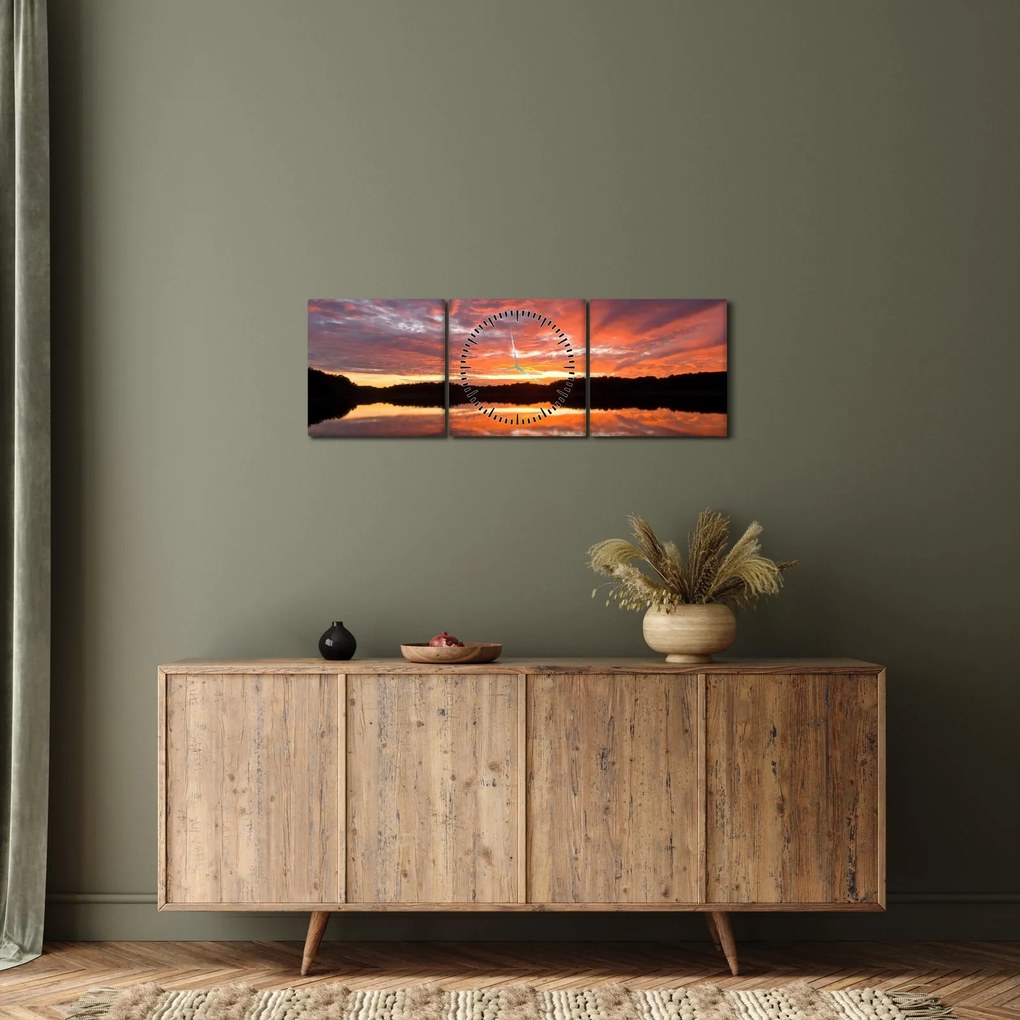 Obraz - Západ slnka nad jazerom (s hodinami) (90x30 cm)