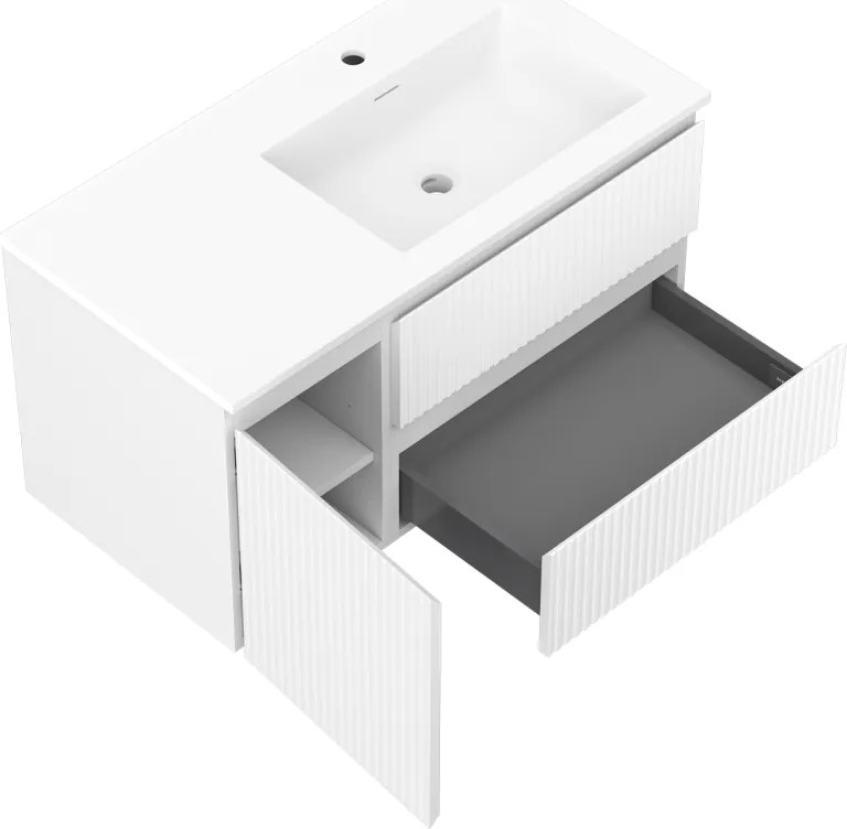 Mexen Rivel, kúpeľňová skrinka 90 cm s pravým umývadlom Otis, 2S, 1D, drážkovaná, biela matná, 91A23-09047-3-BBFFF01-W18P01