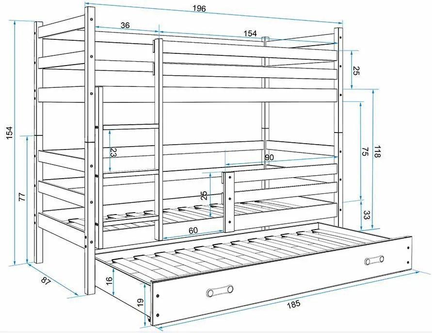 Poschodová posteľ s prístelkou - ERIK 3 - 190x80cm Biely - Grafitový