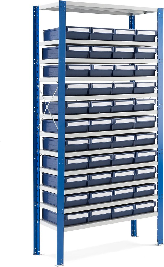 Regál so 44 plastovými boxami, 2100x1000x300 mm, modré boxy