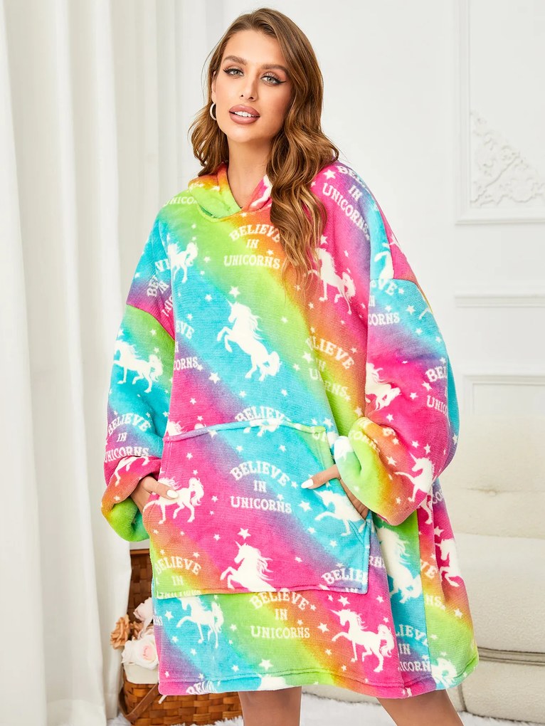 Baránková mikinová deka s rukávmi a kapucňou ALICORN farebná