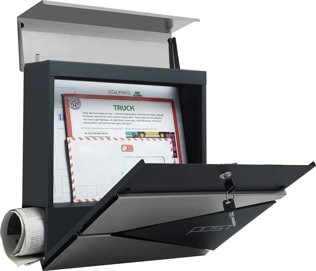 Moderná poštová schránka s priehradkou na noviny, antracitová a strieborná