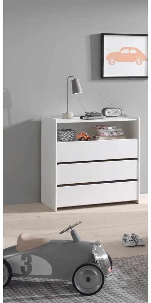 Biela nízka detská komoda z borovicového dreva s prebaľovacím pultom 90x106 cm KIDDY – Vipack